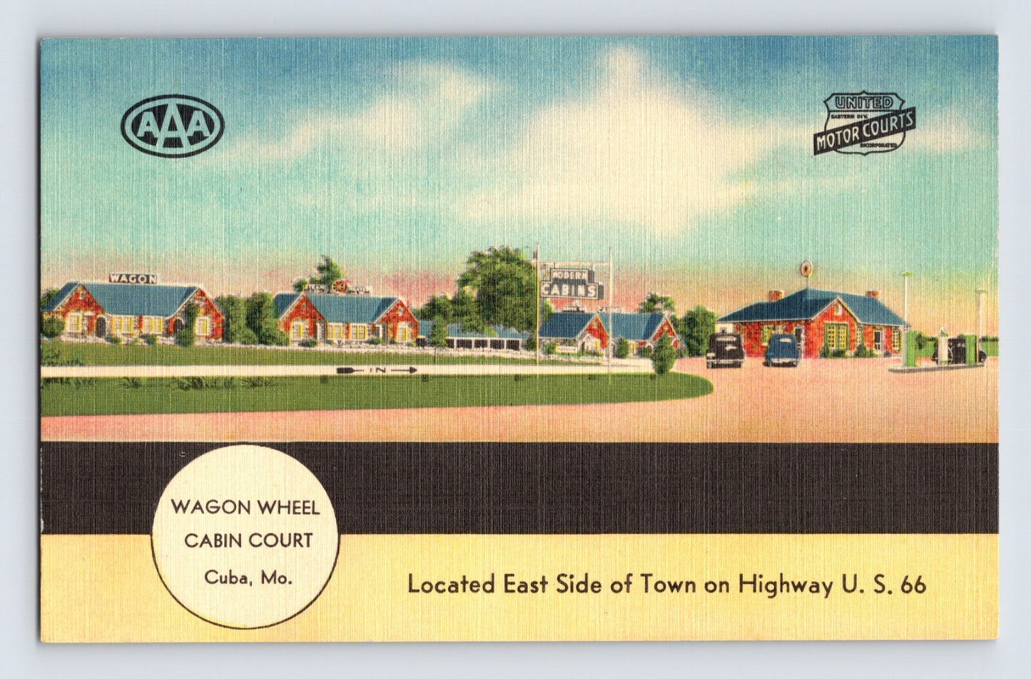 Cuba Missouri Route 66 Wagon Wheel Cabin Court motor court cabins 1940s linen postcard