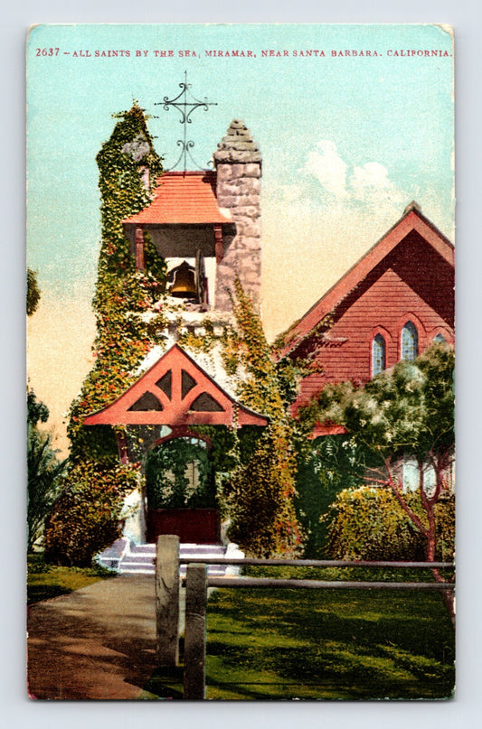 Santa Barbara California Miramar All Saints by the Sea church ivy covered tower 1910s postcard