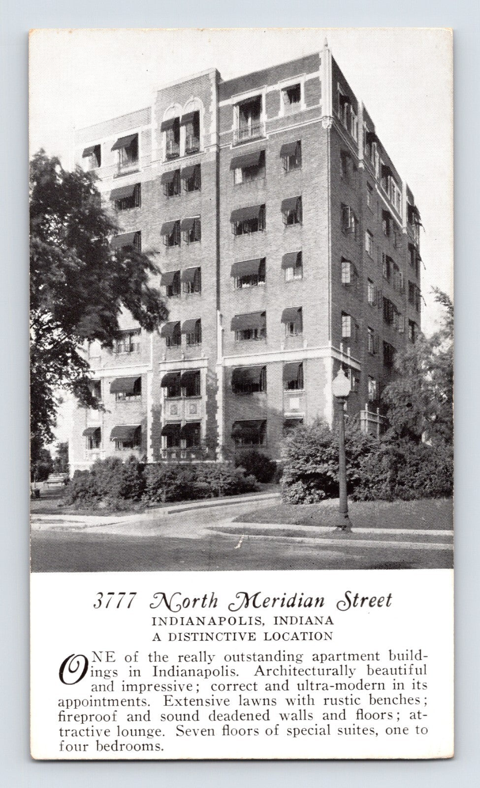 Indianapolis Indiana 3777 North Meridian Street apartment building 1940s postcard showing multi-story brick residence with landscaped grounds
