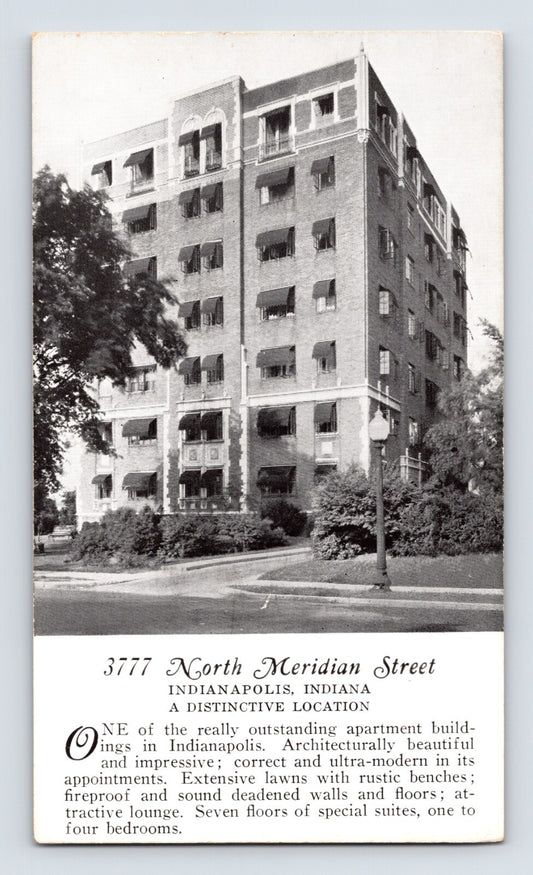 Indianapolis Indiana 3777 North Meridian Street apartment building 1940s postcard showing multi-story brick residence with landscaped grounds