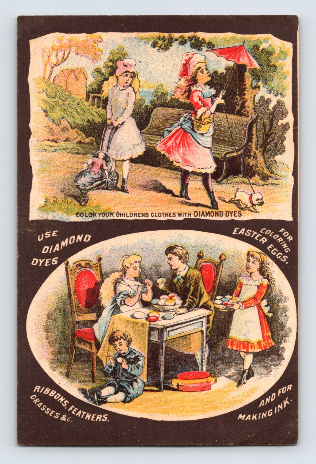 Diamond Dyes Victorian trade card featuring children coloring Easter eggs and clothing dye scenes, 5.5 x 3.5
