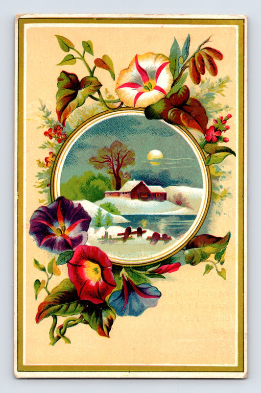 Miner’s Home stove trade card floral frame winter cabin scene J F Bass Uniondale Pennsylvania