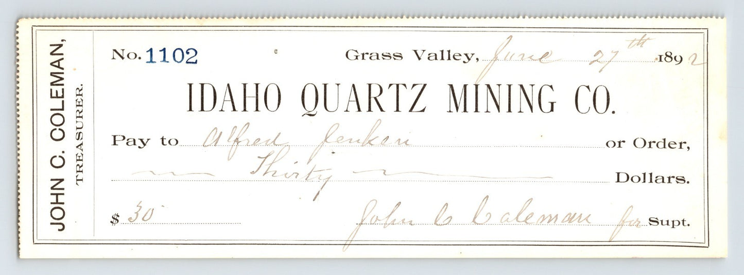 Idaho Quartz Mining Co check Grass Valley California June 27 1892 30 dollars