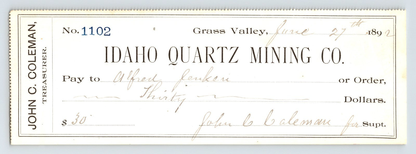 Idaho Quartz Mining Co check Grass Valley California June 27 1892 30 dollars