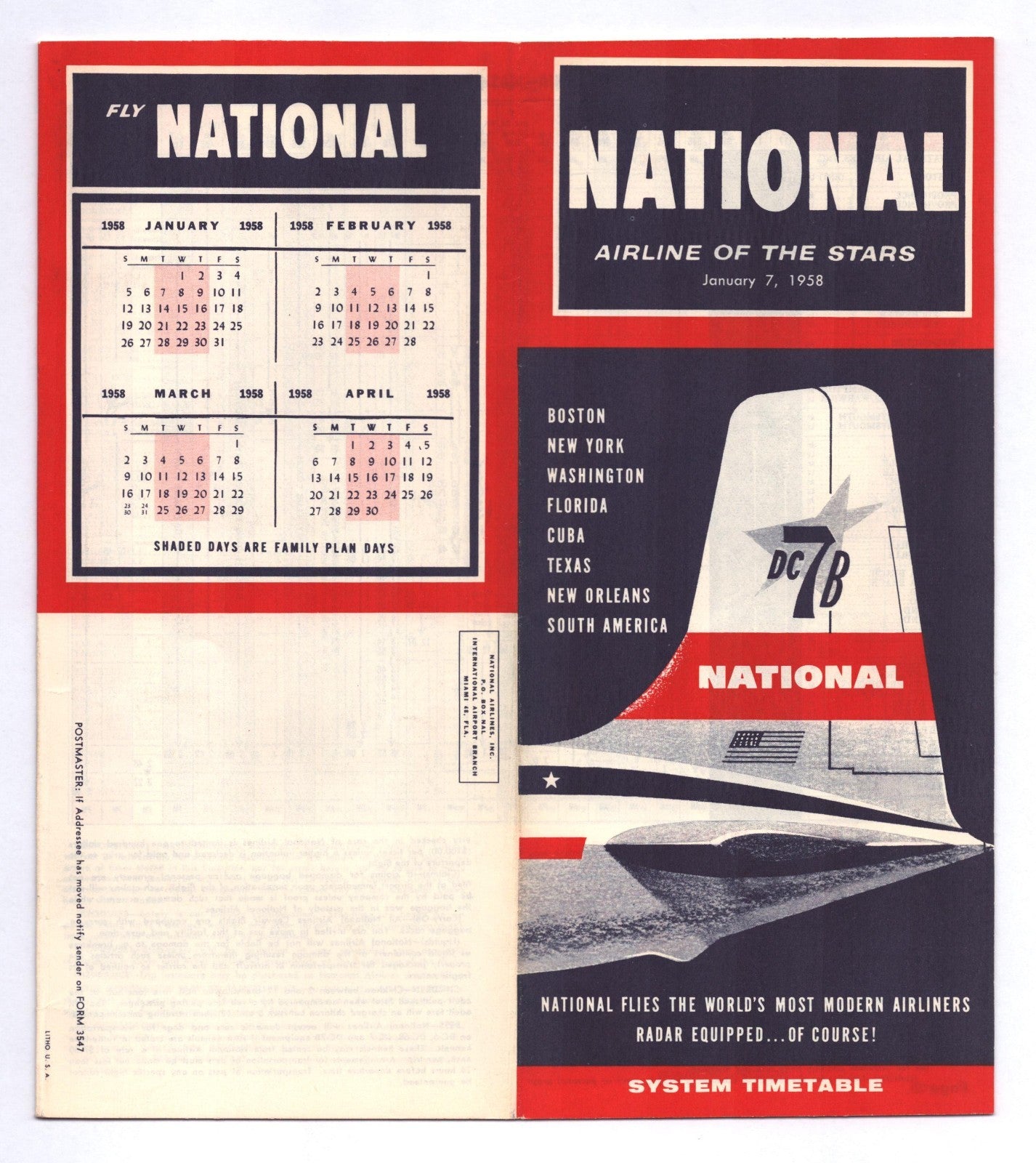 1958 National Airlines system timetable brochure featuring DC-7B tail illustration, red and navy design, and calendar panels for early 1958