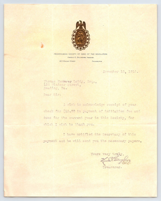 Philadelphia PA 1916 Society Sons Revolution Thomas Leidy Letterhead 9 x 7.75