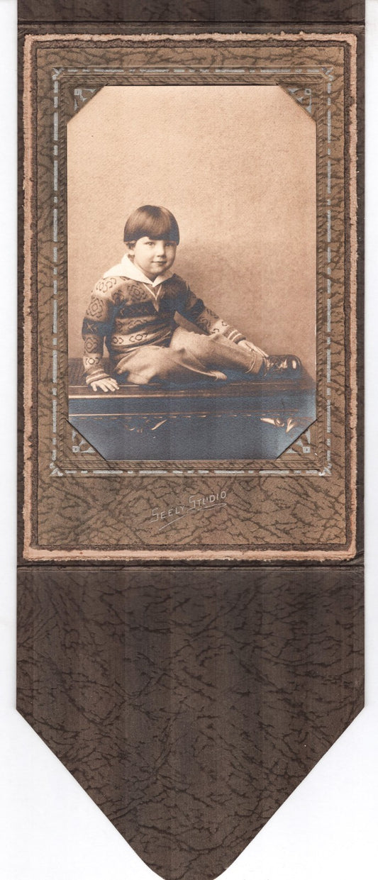 Victorian cabinet card child portrait decorative mount banner style sepia photograph