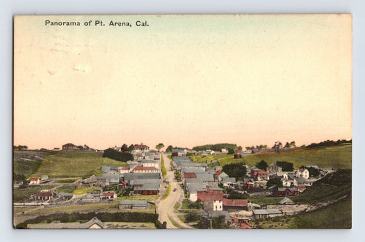 Point Arena California panoramic downtown aerial view with hillside homes and central main street, 1923 divided back postcard posted