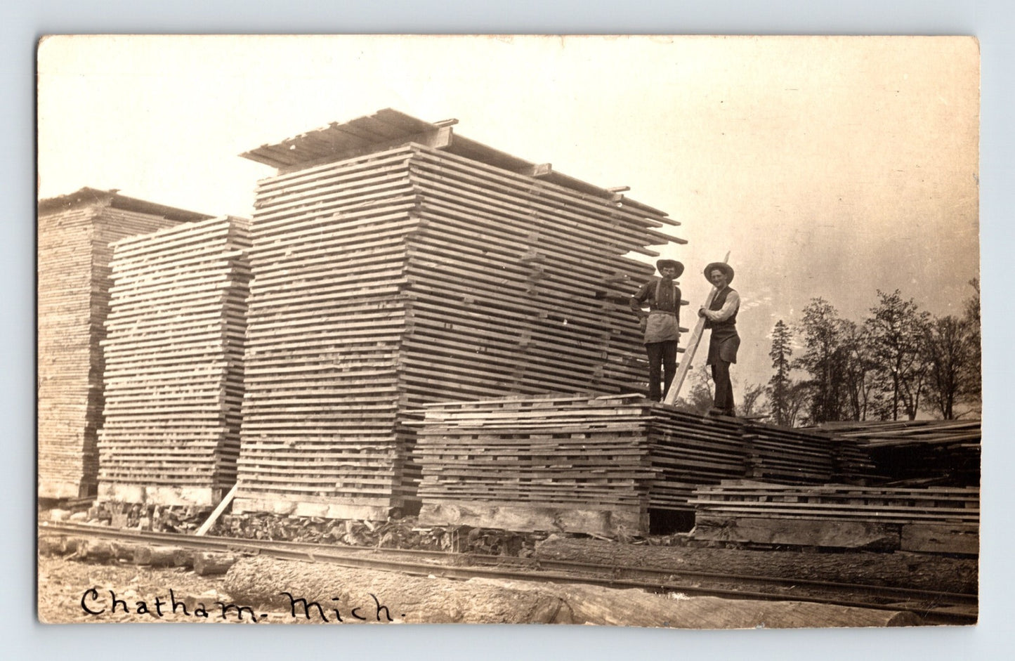 Chatham Michigan lumber yard 1907 real photo postcard stacks of milled boards men standing atop lumber piles rail siding scene