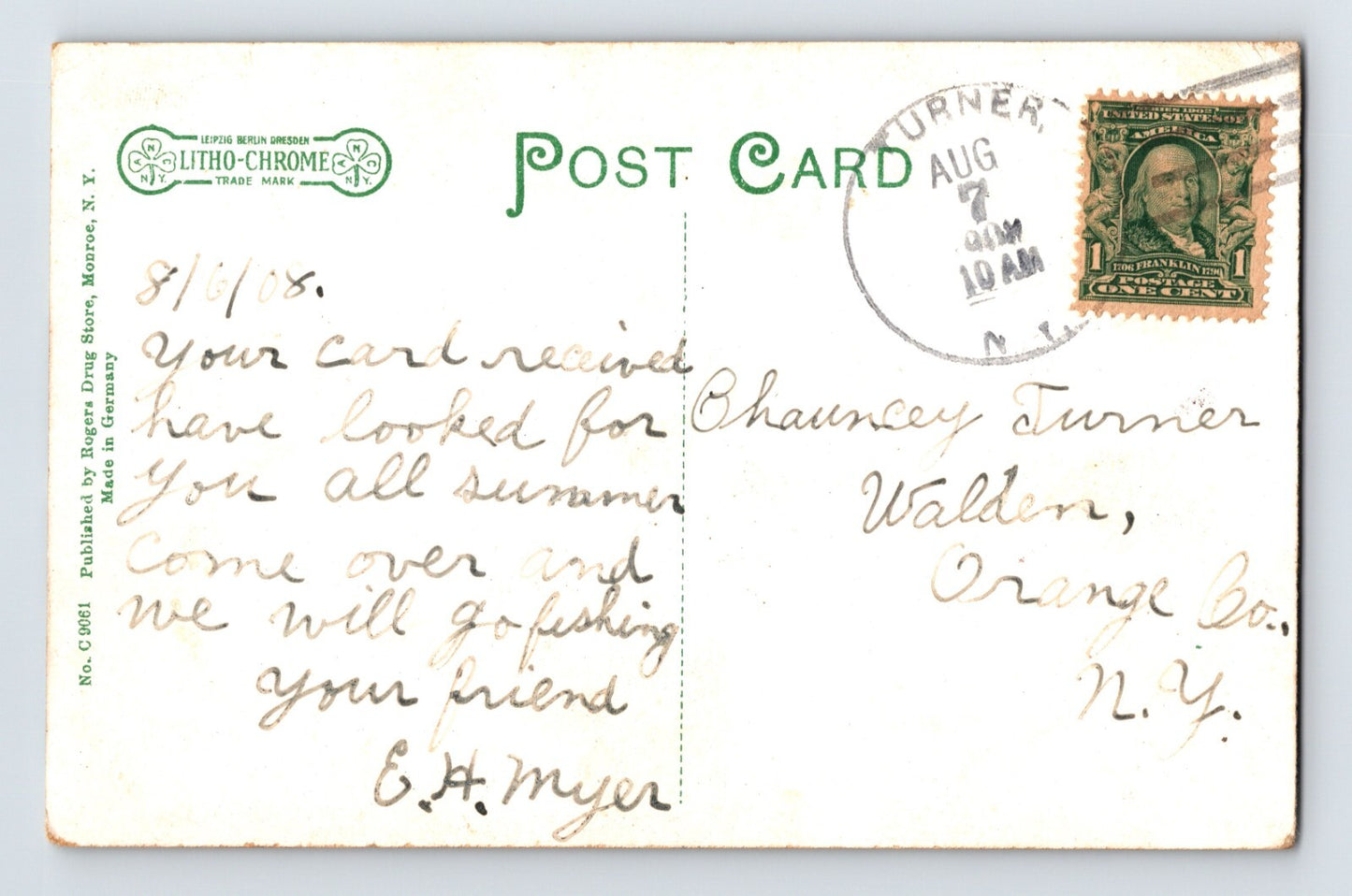 Monroe New York Walton Lake Turner Village 1908 Postcard Posted Divided Back