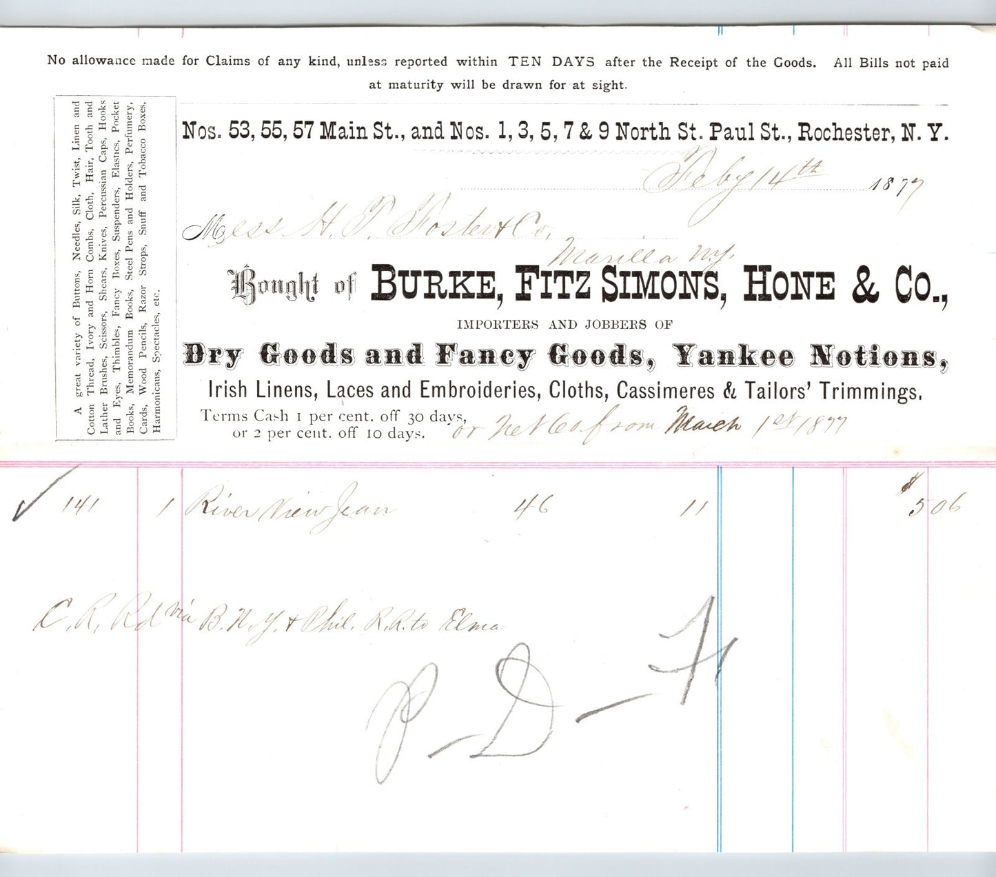 Rochester New York 1877 Burke Fitzsimons Hone Yankee Notions Billhead - 8.5 x 7
