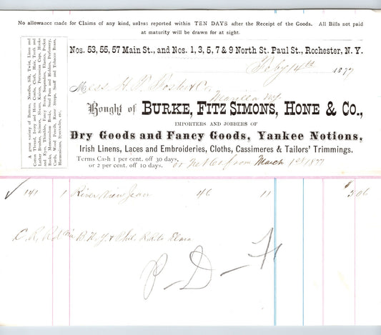 Rochester New York 1877 Burke Fitzsimons Hone Yankee Notions Billhead - 8.5 x 7