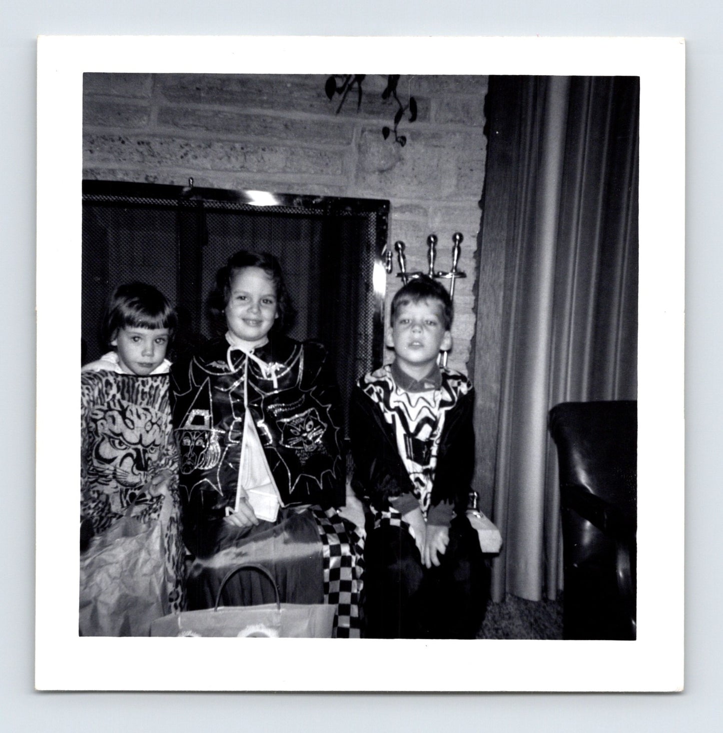 Halloween 1962 children costumes trick or treat masks fireplace candy bag snapshot