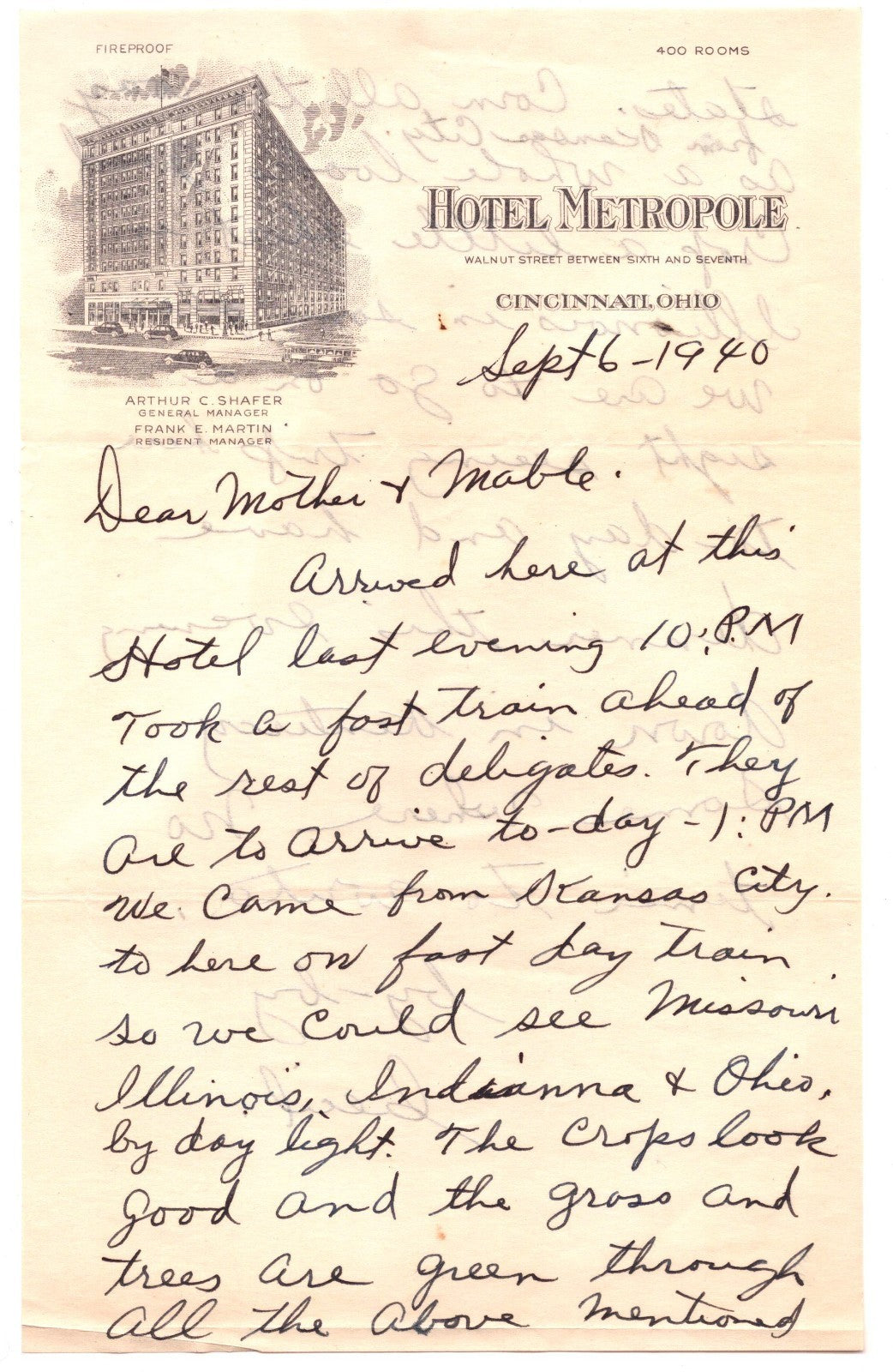 Cincinnati Ohio Hotel Metropole 1940 letterhead handwritten letter envelope cover