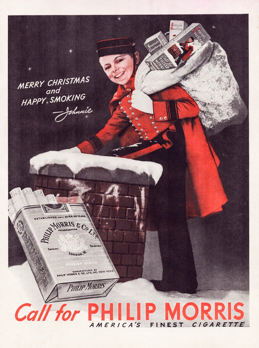 Philip Morris 1948 Christmas print ad bellhop Johnny cigarettes holiday chimney illustration