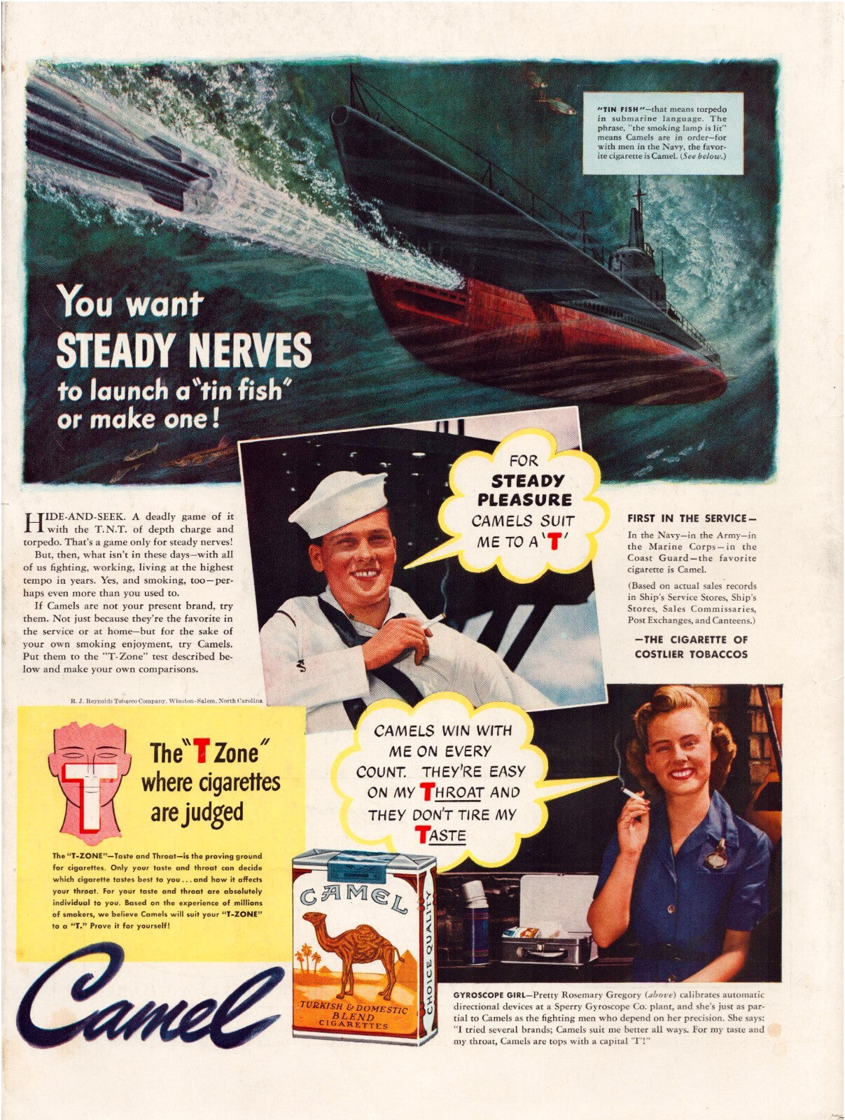 Camel cigarettes 1942 WW2 submarine torpedo launch naval sailor vintage Camel tobacco print advertisement
