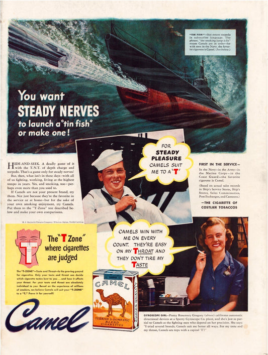Camel cigarettes 1942 WW2 submarine torpedo launch naval sailor vintage Camel tobacco print advertisement