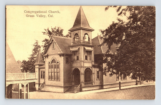 Grass Valley California Congregational Church 1917 postcard steeple wood frame building posted divided back