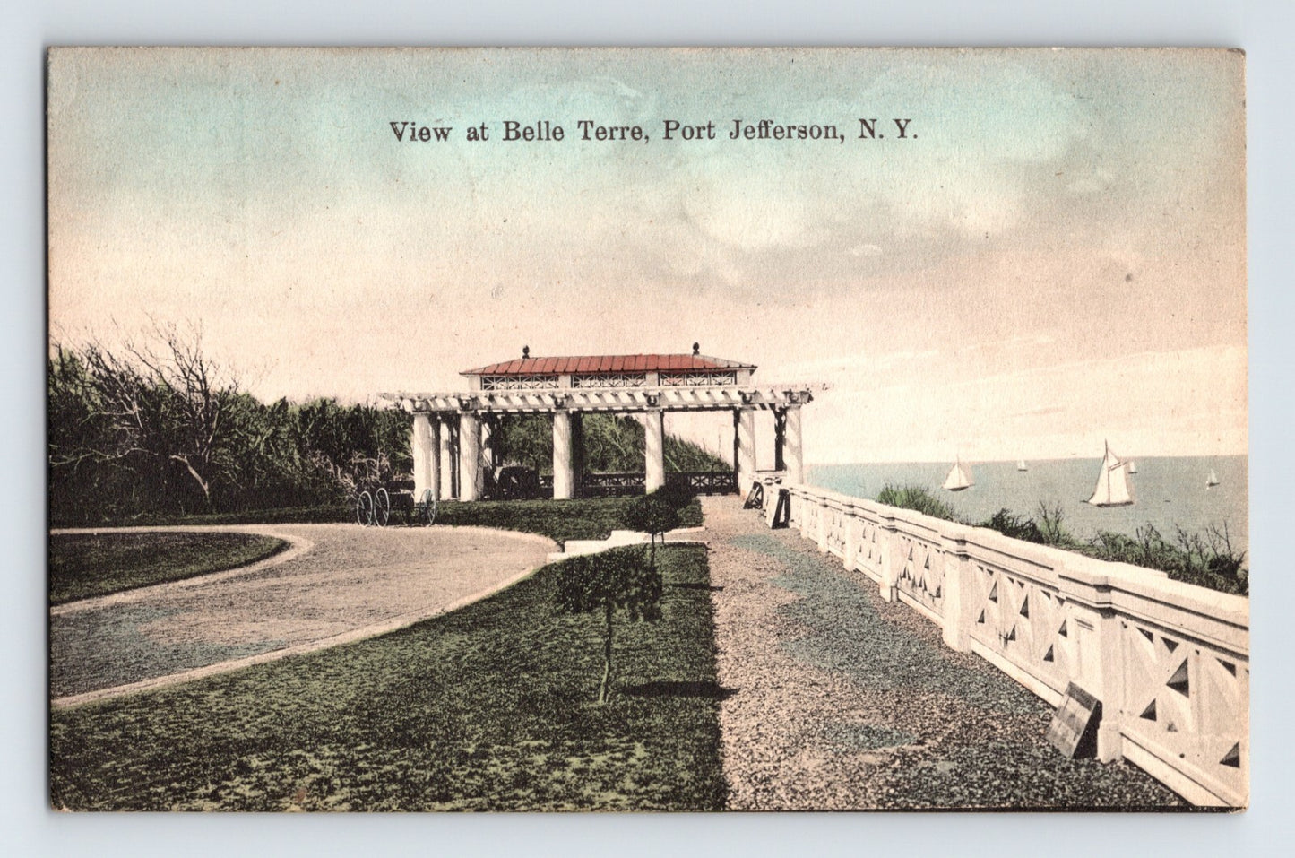 Port Jefferson Belle Terre Long Island New York pergola waterfront promenade sailboats 1909 postcard