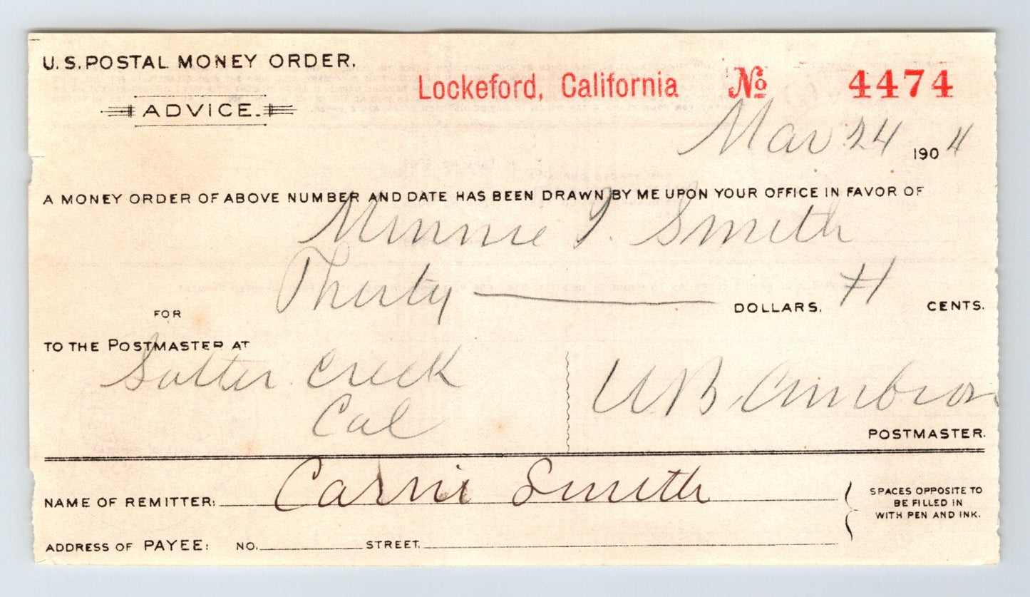 Lockeford California postal money order advice 1904 Sutter Creek handwritten document