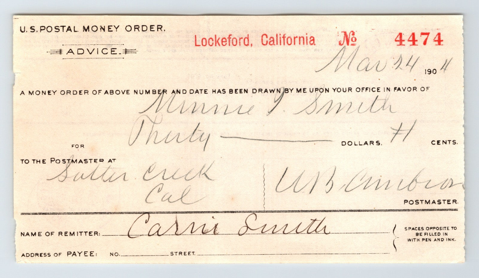 Lockeford California postal money order advice 1904 Sutter Creek handwritten document
