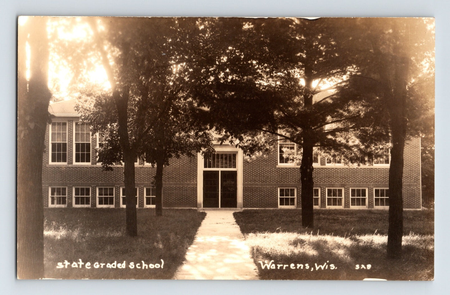 Warrens Wisconsin State Graded School 1930s brick school building trees walkway photo postcard