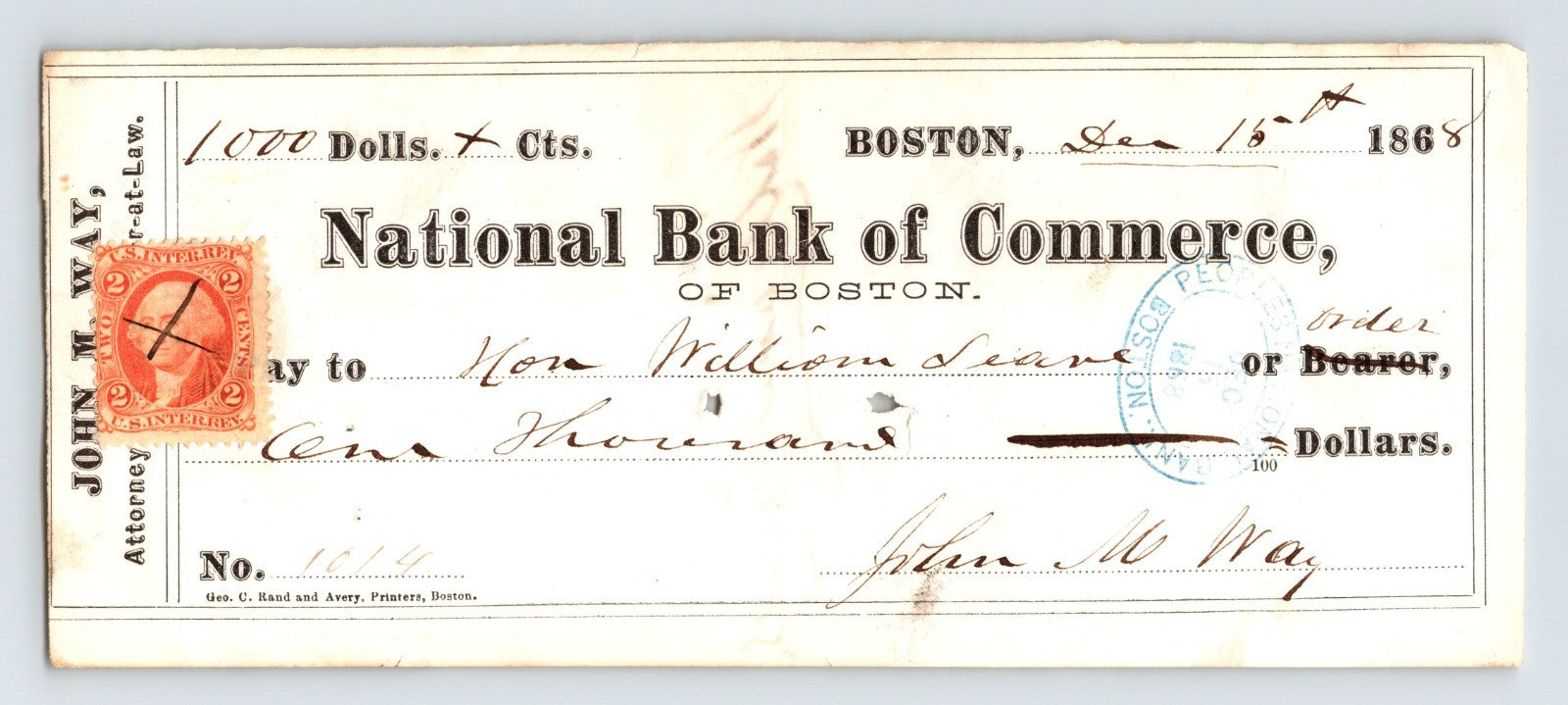 Boston National Bank of Commerce 1868 check money order with red revenue stamp handwritten signatures and engraved bank form Massachusetts