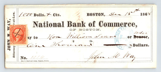 Boston National Bank of Commerce 1868 check money order with red revenue stamp handwritten signatures and engraved bank form Massachusetts