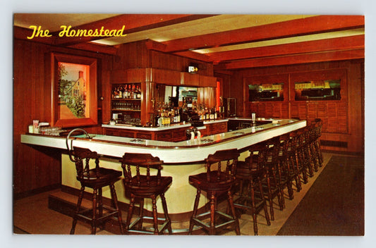 Blue Island Illinois Homestead Restaurant interior 1960s postcard showing wood paneled bar counter stools and lounge seating