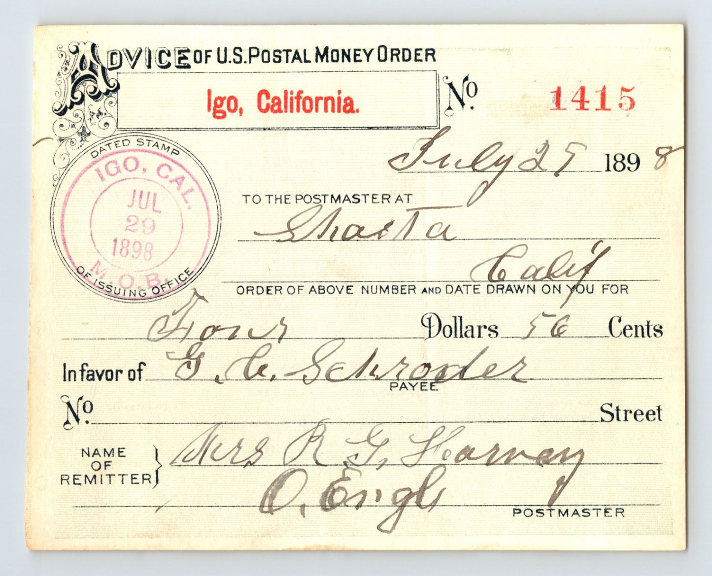 Igo California postal money order advice 1898 Shasta handwritten financial document vintage