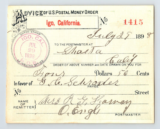 Igo California postal money order advice 1898 Shasta handwritten financial document vintage