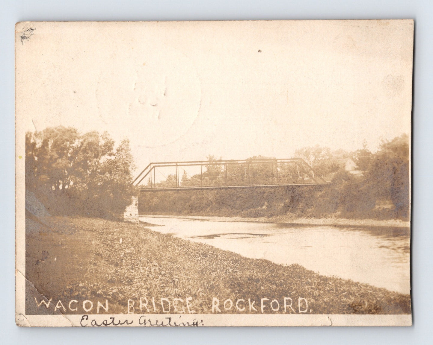 Rockford Iowa wagon bridge over river east view real photo postcard