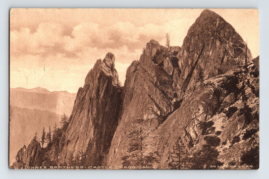 Castle Crags California Three Brothers rock formation mountain peaks sepia postcard 1910