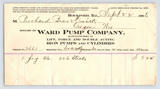 Rockford Illinois Ward Pump Company 1905 billhead invoice for iron pump equipment with handwritten order and pricing details