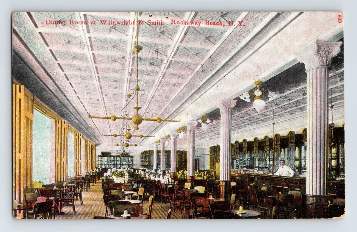 Color postcard of Wainwright and Smith dining room with columns chandeliers and bar Rockaway Beach Long Island New York