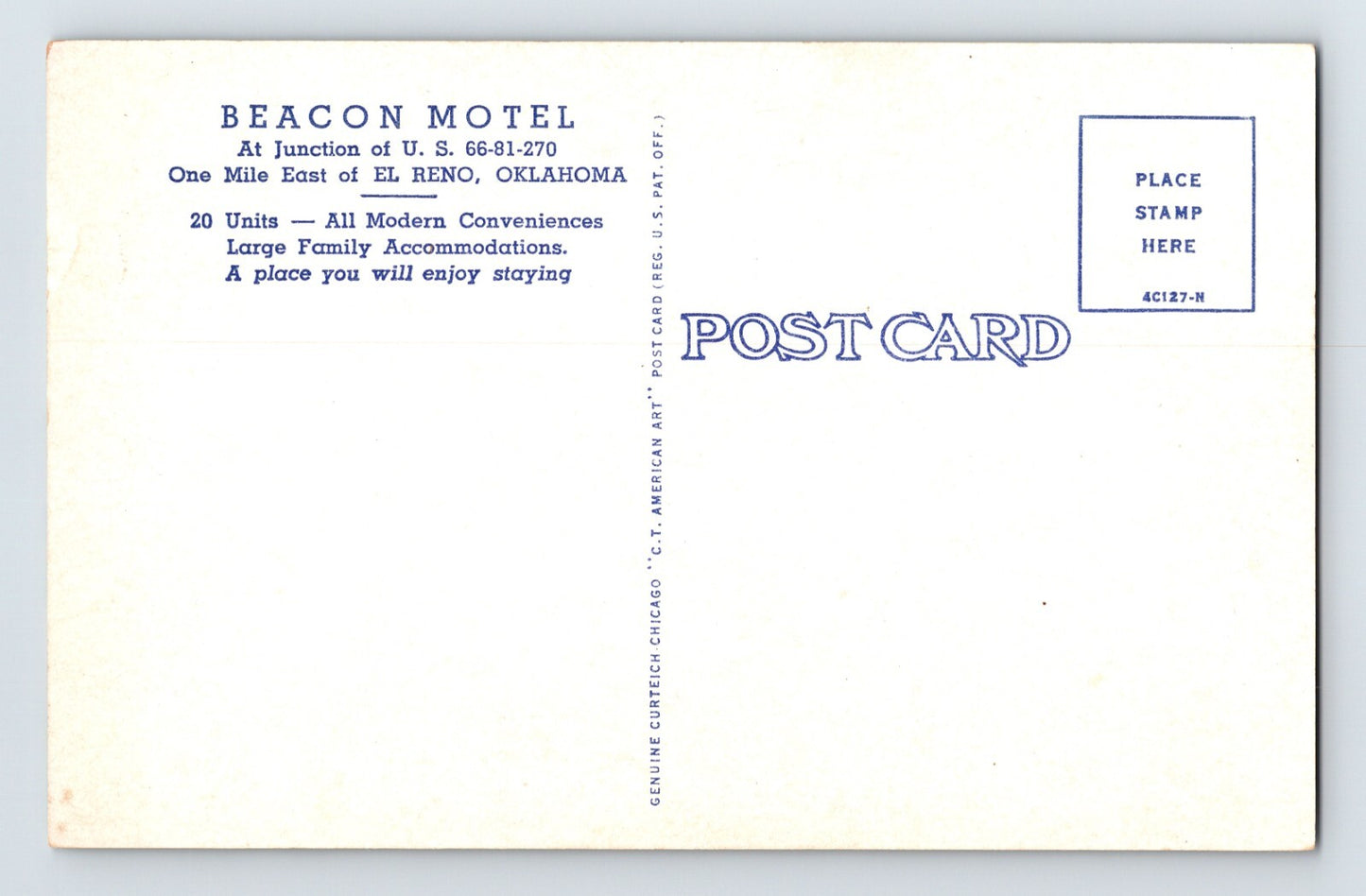 El Reno Oklahoma Route 66 Beacon Motel 1950s Postcard Unposted Chrome