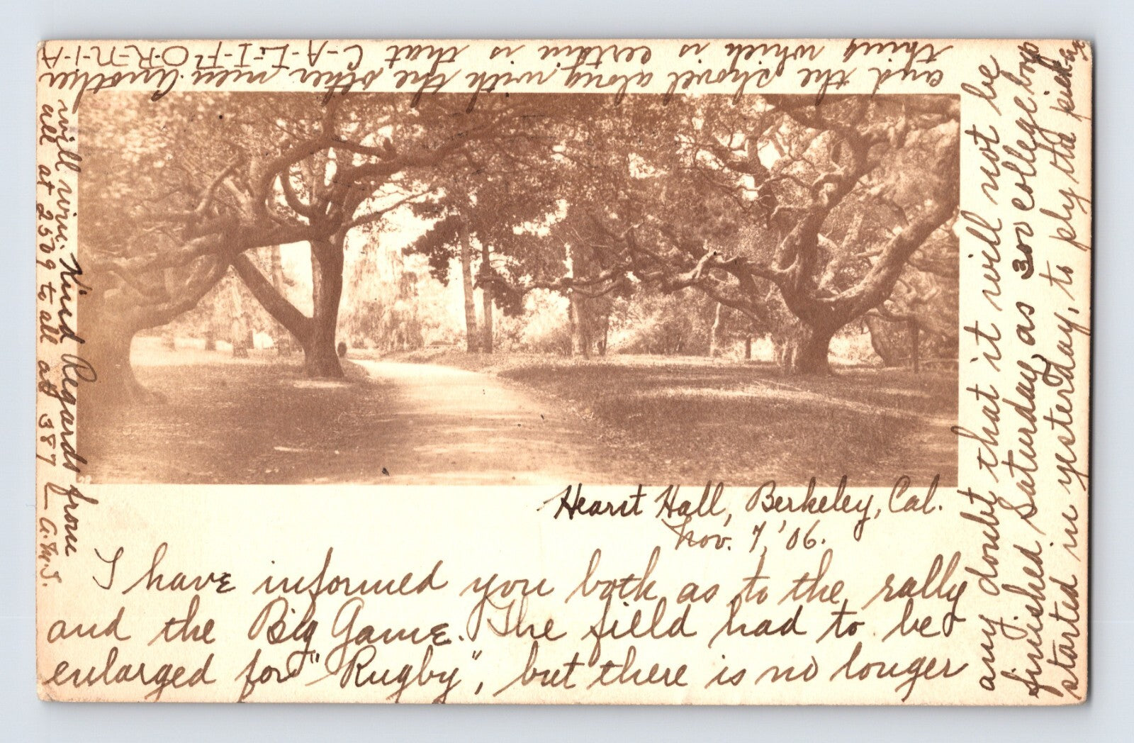 University of California Berkeley Hearst Hall campus view with handwritten Big Game/rugby notes and 1906 postmark