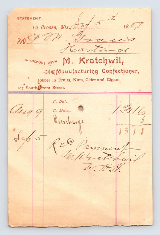La Crosse Wisconsin 1887 M Kratchwil Manufacturing Confectioner billhead with handwritten accounting entries and red printed business header
