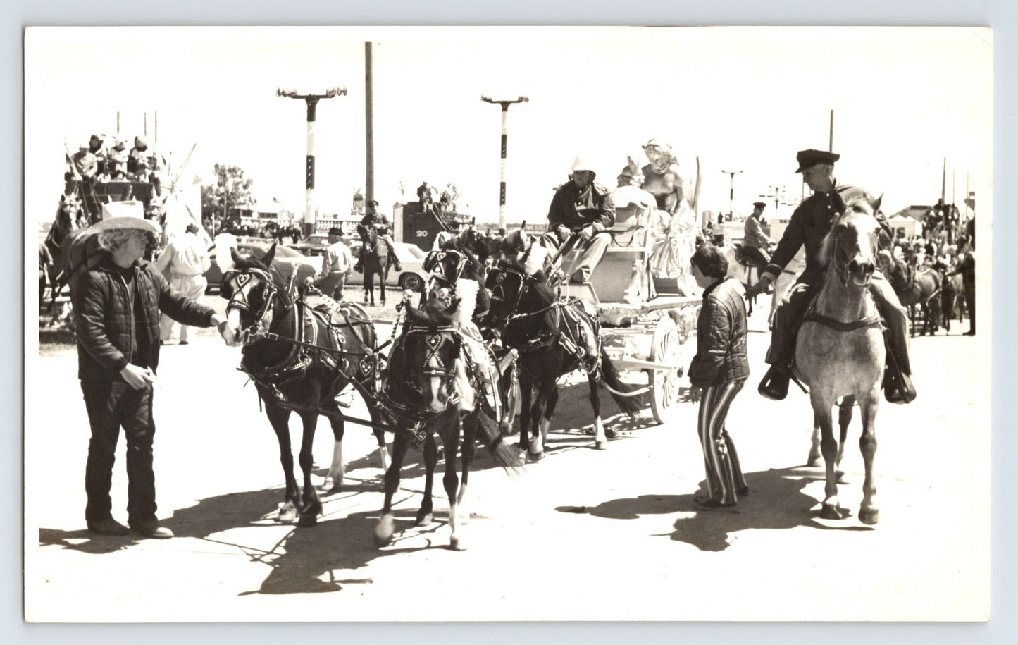 Circus parade pony wagon with performers and handlers horse mounted escort Elgin Illinois 1972 circus street parade photograph