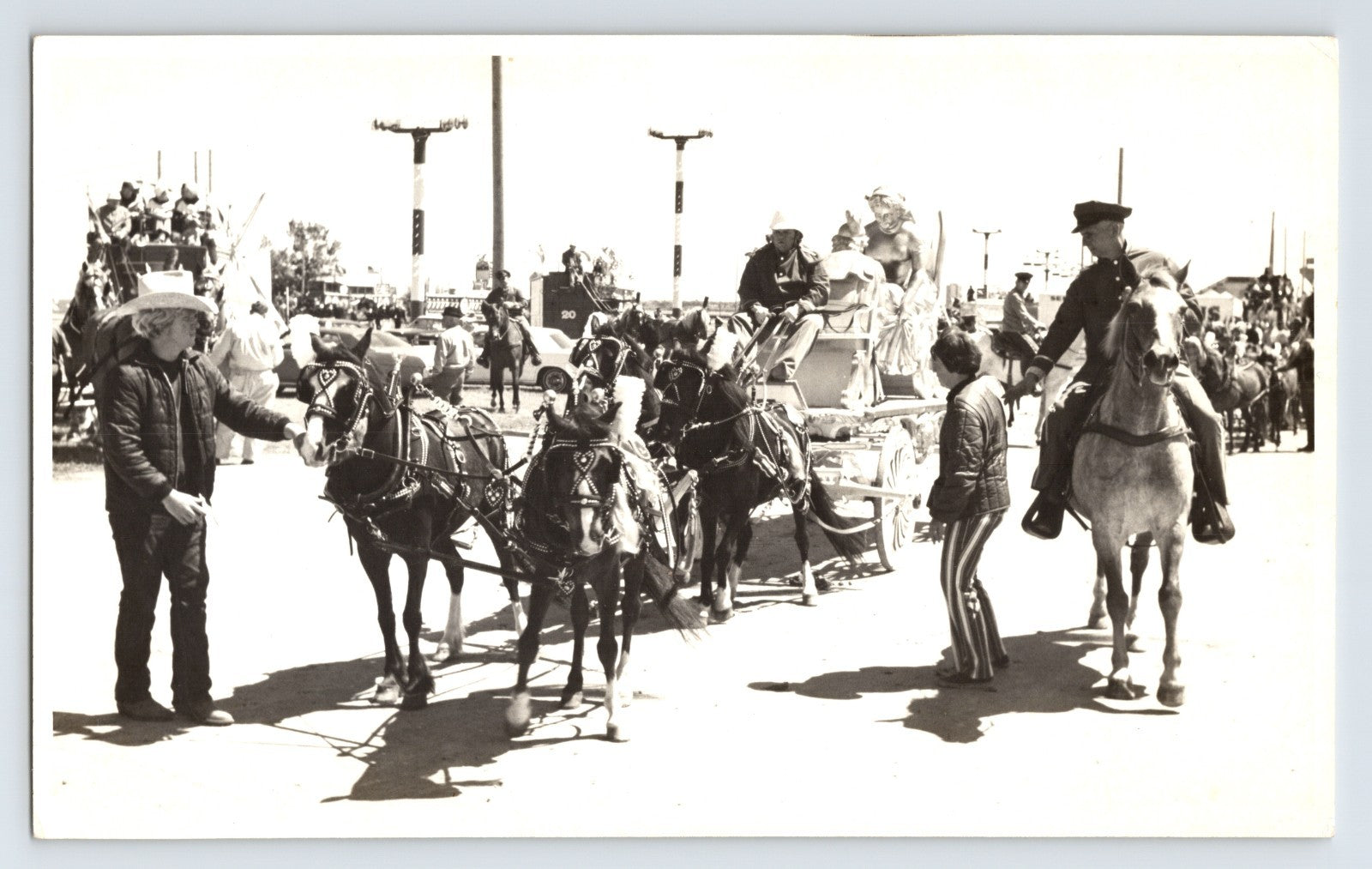 Circus parade pony wagon with performers and handlers horse mounted escort Elgin Illinois 1972 circus street parade photograph