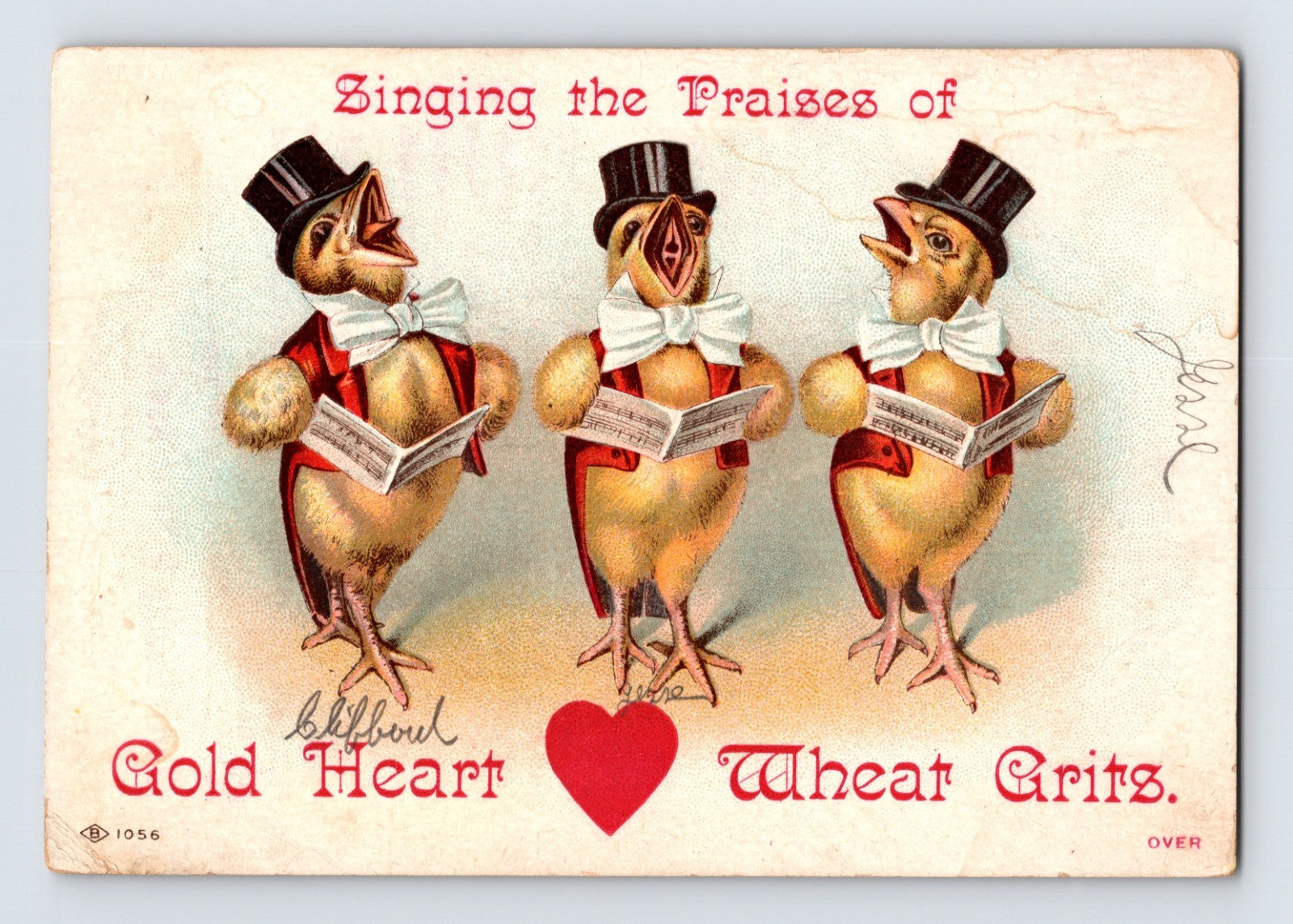 Gold Heart Wheat Grits 1890s Trade Card Singing Chicks Top Hats 3.5 x 5