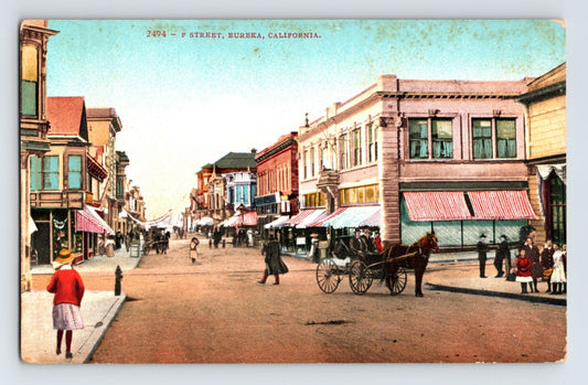 Eureka California F Street downtown horse carriage storefronts 1910s divided back postcard front view