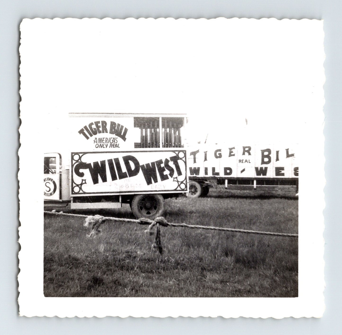 Black-and-white 1952 snapshot photograph showing Tiger Bill’s Wild West circus trucks and trailers with large painted show signage on a grassy circus lot.
