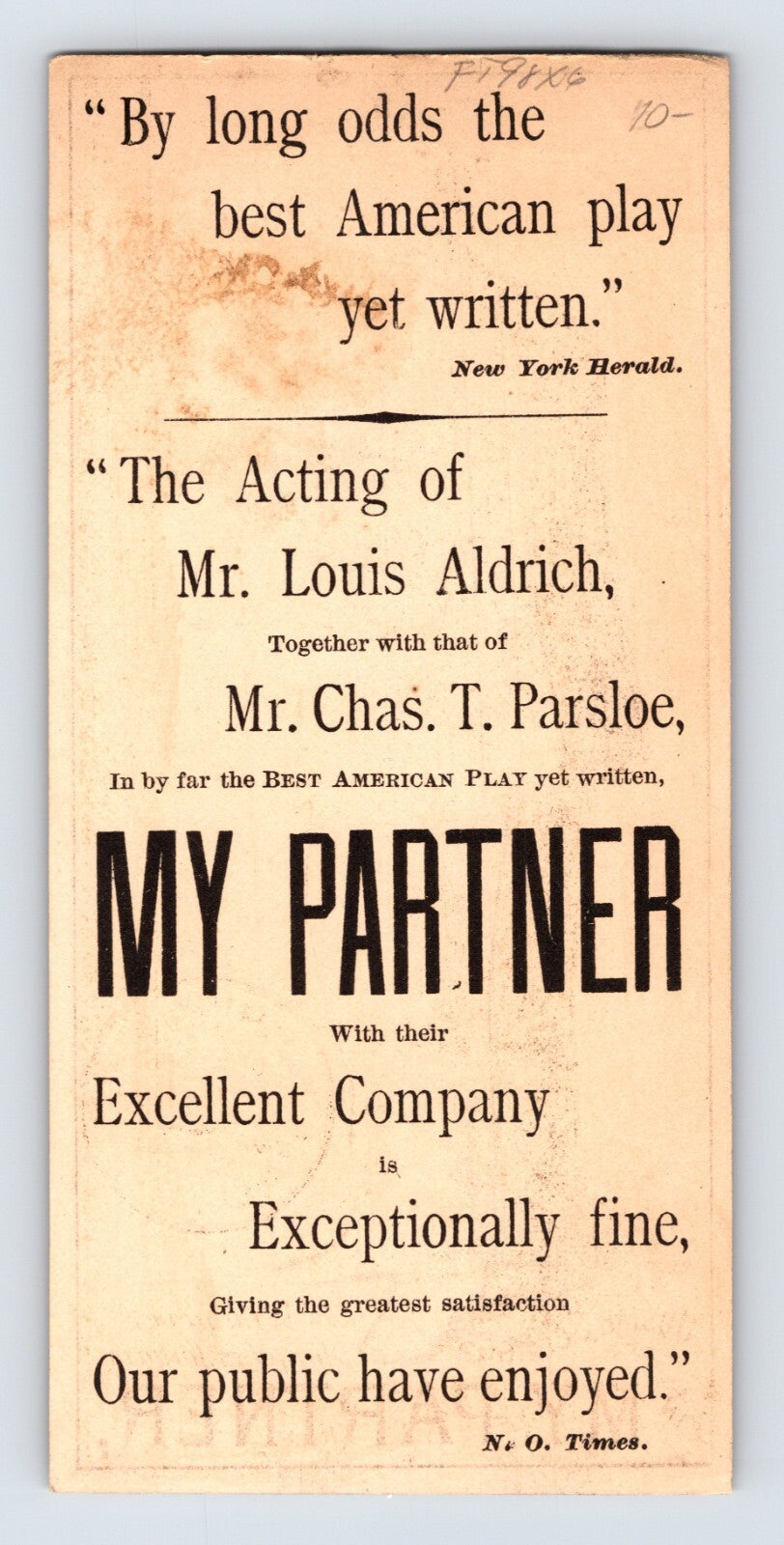 My Partner Play Theater Josiah Scraggs Comic Stage 1890s Trade Card 2.5 x 5.5