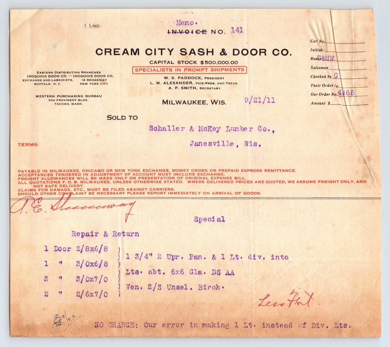 Milwaukee Wisconsin Cream City Sash Door Company 1911 billhead lumber invoice document
