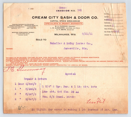 Milwaukee Wisconsin Cream City Sash Door Company 1911 billhead lumber invoice document