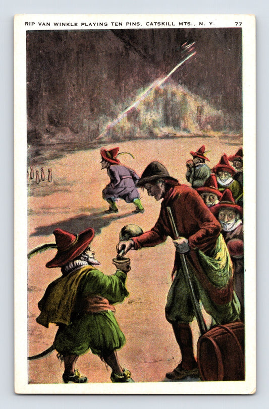 Catskills New York Rip Van Winkle ten pin bowling folklore illustration postcard