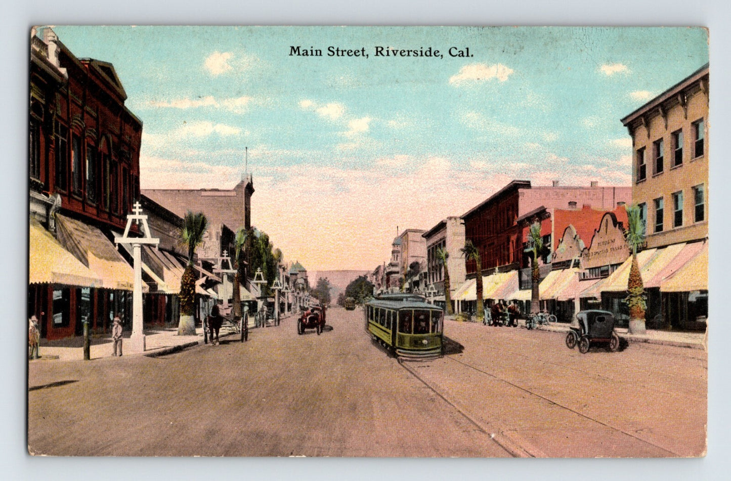 Riverside California Main Street streetcar downtown business district postcard