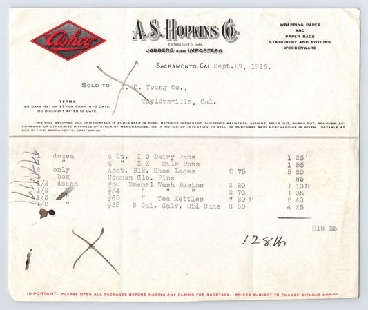 Sacramento California A S Hopkins Company Asco paper goods billhead invoice 1916