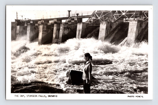 Sturgeon Falls Ontario dam hydro structure water spillway RPPC 1940s figure river scene